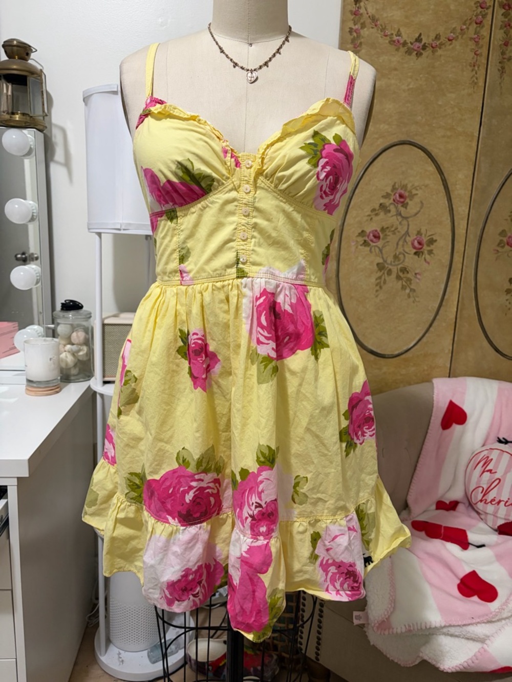 Abercrombie & Fitch Yellow Sundress with Pink Rose Print